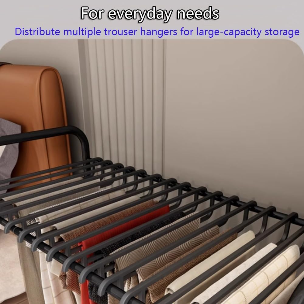 Perchero extraíble para Pantalones, Perchero telescópico con Ruedas, Organizador Ajustable con Ruedas para 24/30 Pantalones, Vaqueros y Faldas - Solución de Almacenamiento para armarios, neg