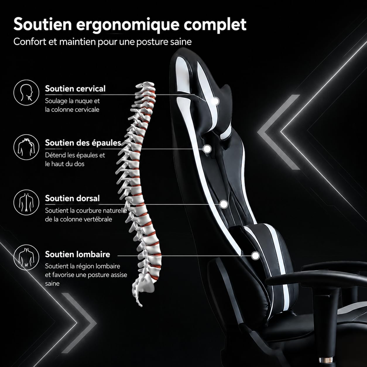 Chaise Gaming pour Adultes, Chaise Bureau Gaming, Chaise de Bureau Ergonomique avec Repose-Lombaire, Appuie-Tête, Repose-Pieds et Rotation 360° (Noir)