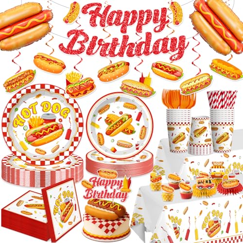 wellspar 191Pcs Hot Dog Party Decorations Tableware Set 25 Serves