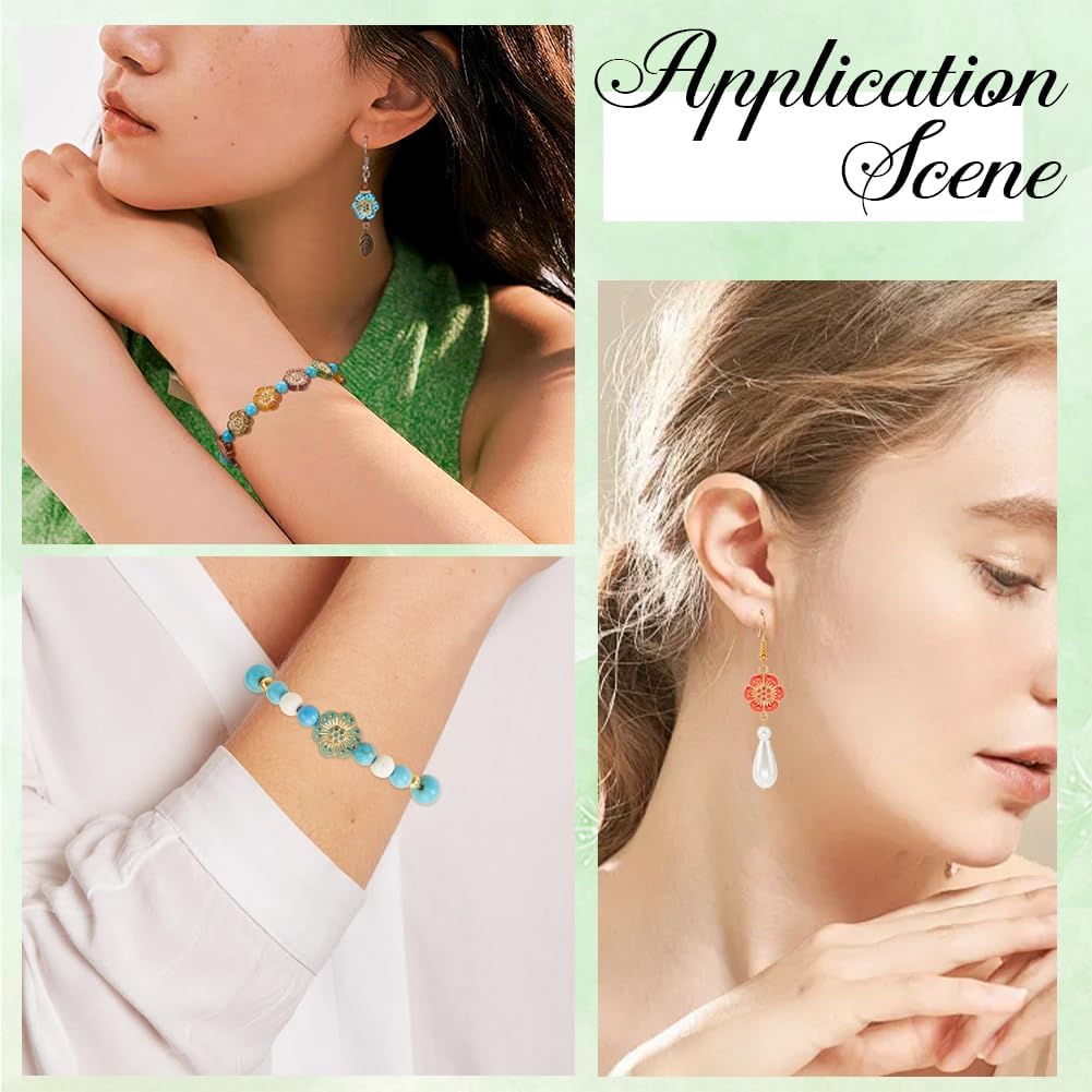 SUNNYCLUE 1 Box 300Pcs Czech Flower Bead Acrylic Bohemian Beads Mix Vintage Colorful Assorted Metal Enlaced Gold Plating Cherry Blossom Floral Spacer Bead for Jewelry Making Necklace Earring DIY Craft - Image 5