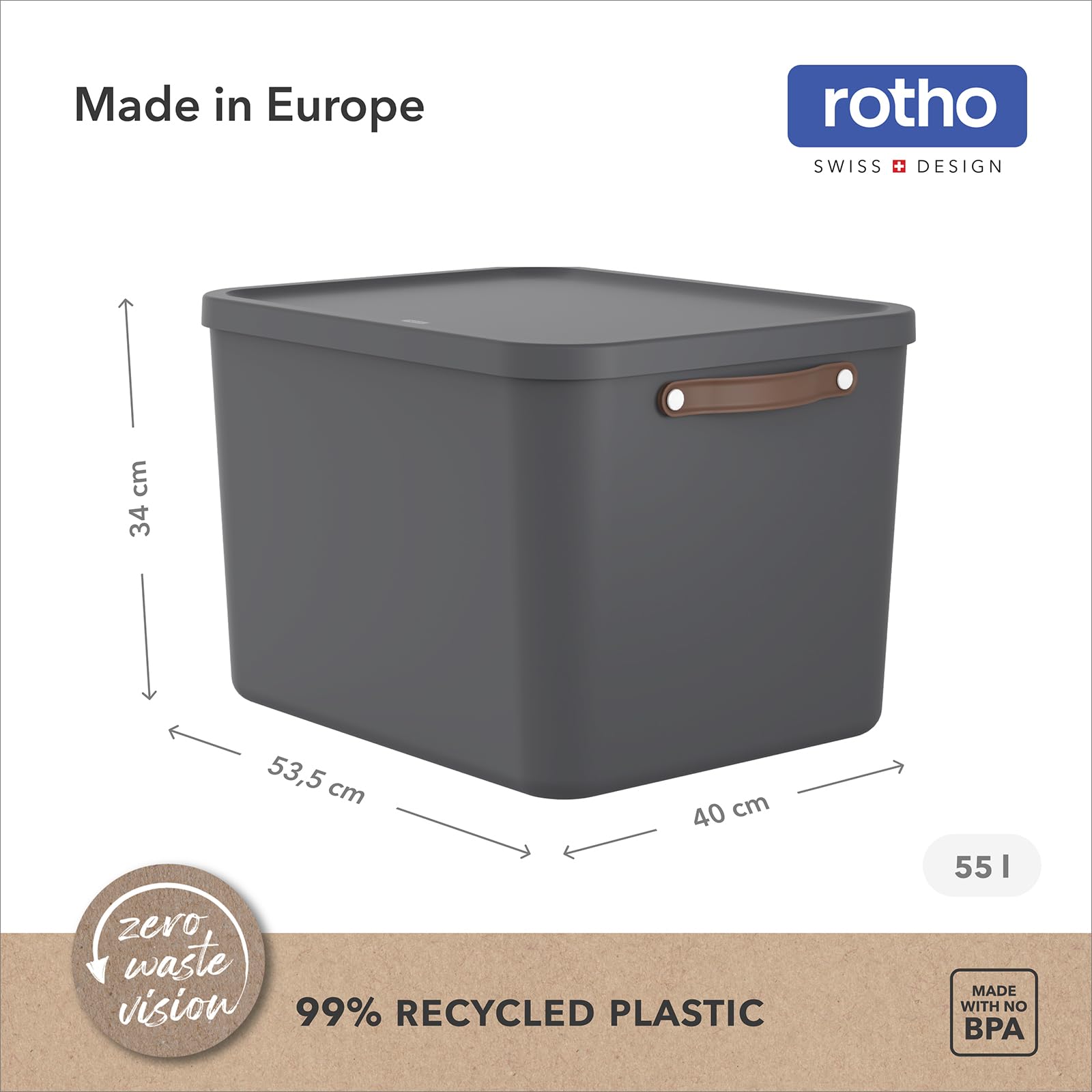 Rotho Maloja Caja de almacenamiento, juego de 2 unidades de 55 l con tapa, 53,5 x 40 x 34 cm (largo x ancho x alto) (antracita)