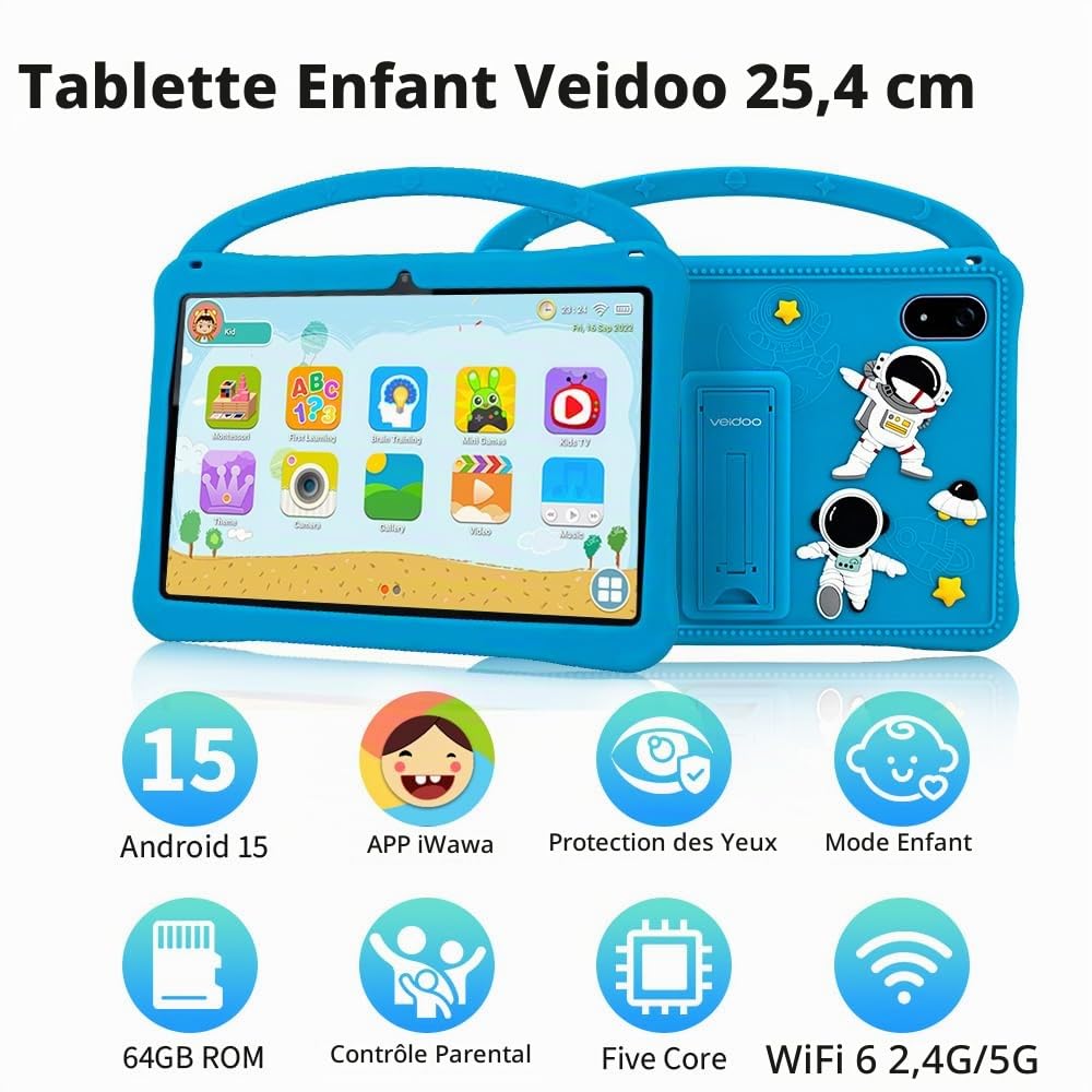 Veidoo Tablette Enfant 10,1" Android 15, 11 Go RAM (3 Go + 8 Go Ext.), 64 Go ROM, WiFi 6, Contrôle Parental, Stylet, Reconnaissance Faciale, Coque Anti-Choc, Jeux Éducatifs (Bleu)