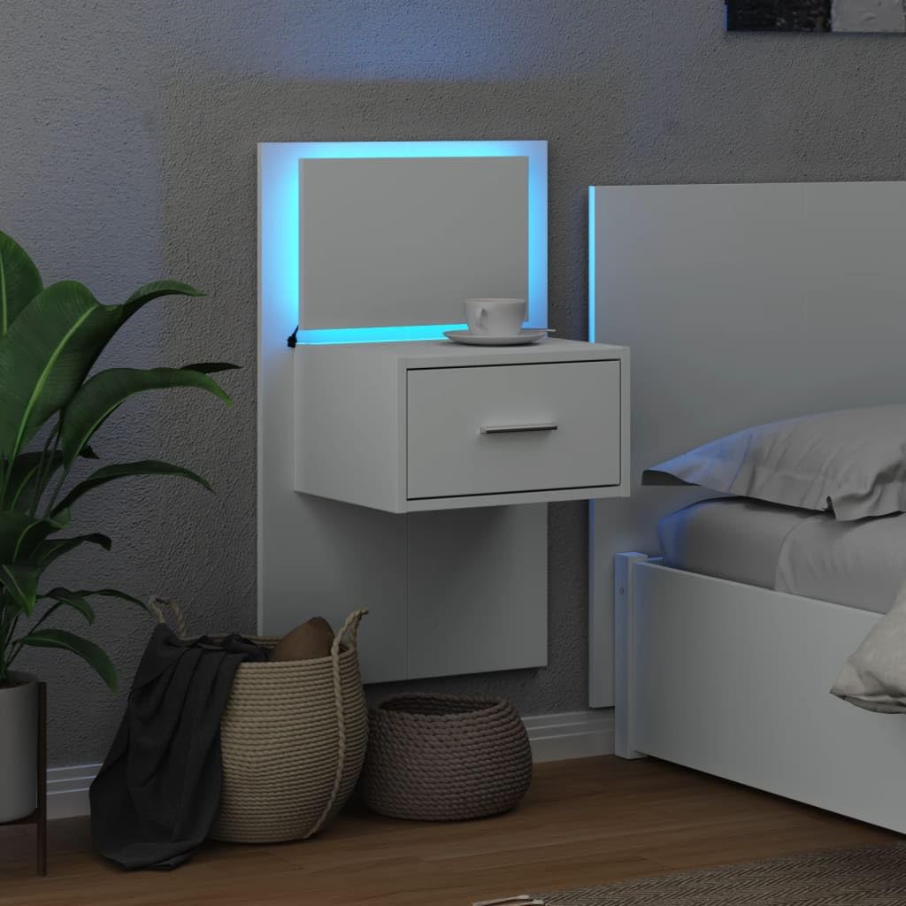 Mesita de noche de pared con luces LED blanca de madera multicapa duradera diseño moderno suspendido armario iluminado para optimizar el espacio interior