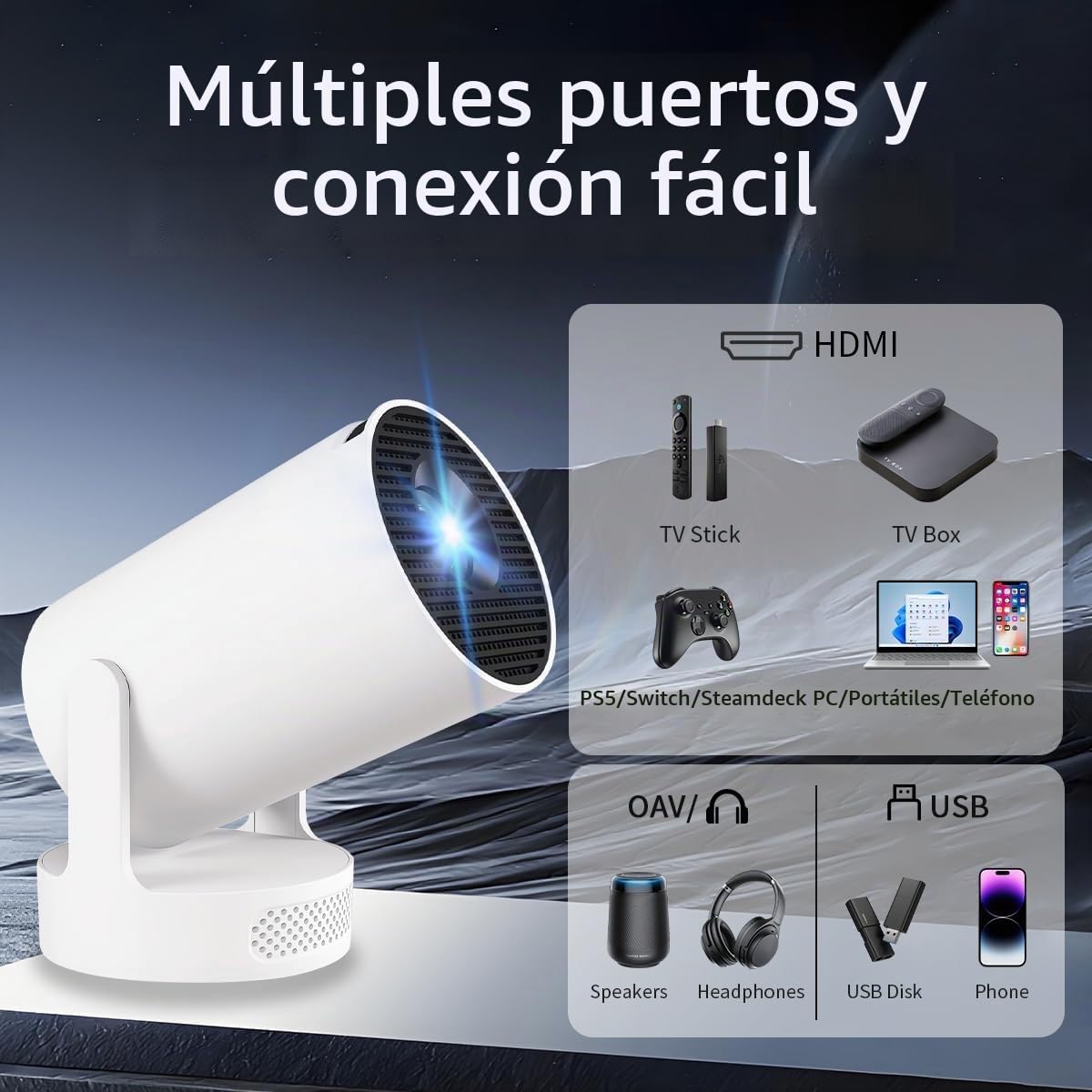 [Apps integradas & 2026 Upgraded] Proyector Portatil 4K, 1080P HD WiFi 6 BT 5.4, Compatibile con HDMI/USB/TV Stick/PS5/Laptop, Proyector para Movil Altavoz de 5W, Auto Keystone, Rotación de 180°