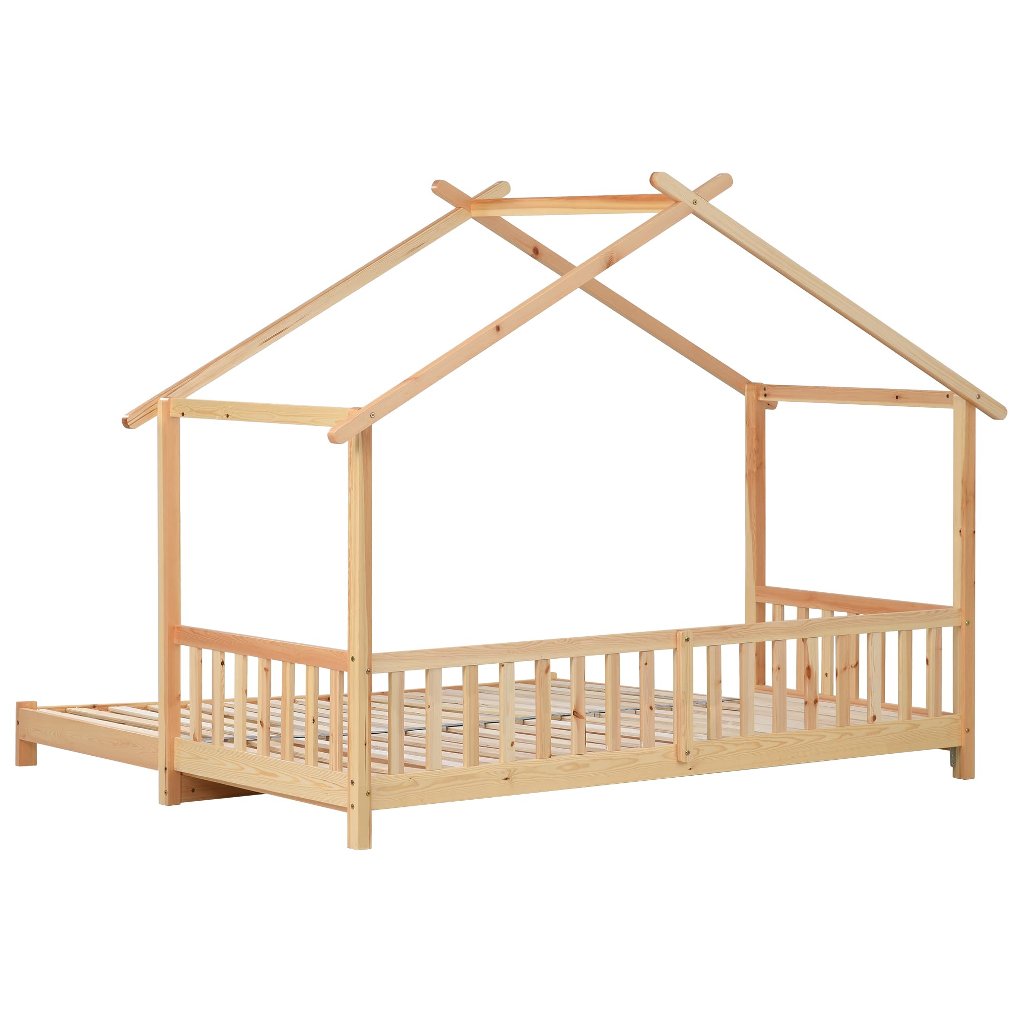 Uitschuifbaar Huisbed, Kinderbed, Een- En Tweepersoonsbed, Massief Hout Wit Naturel 200x90cm