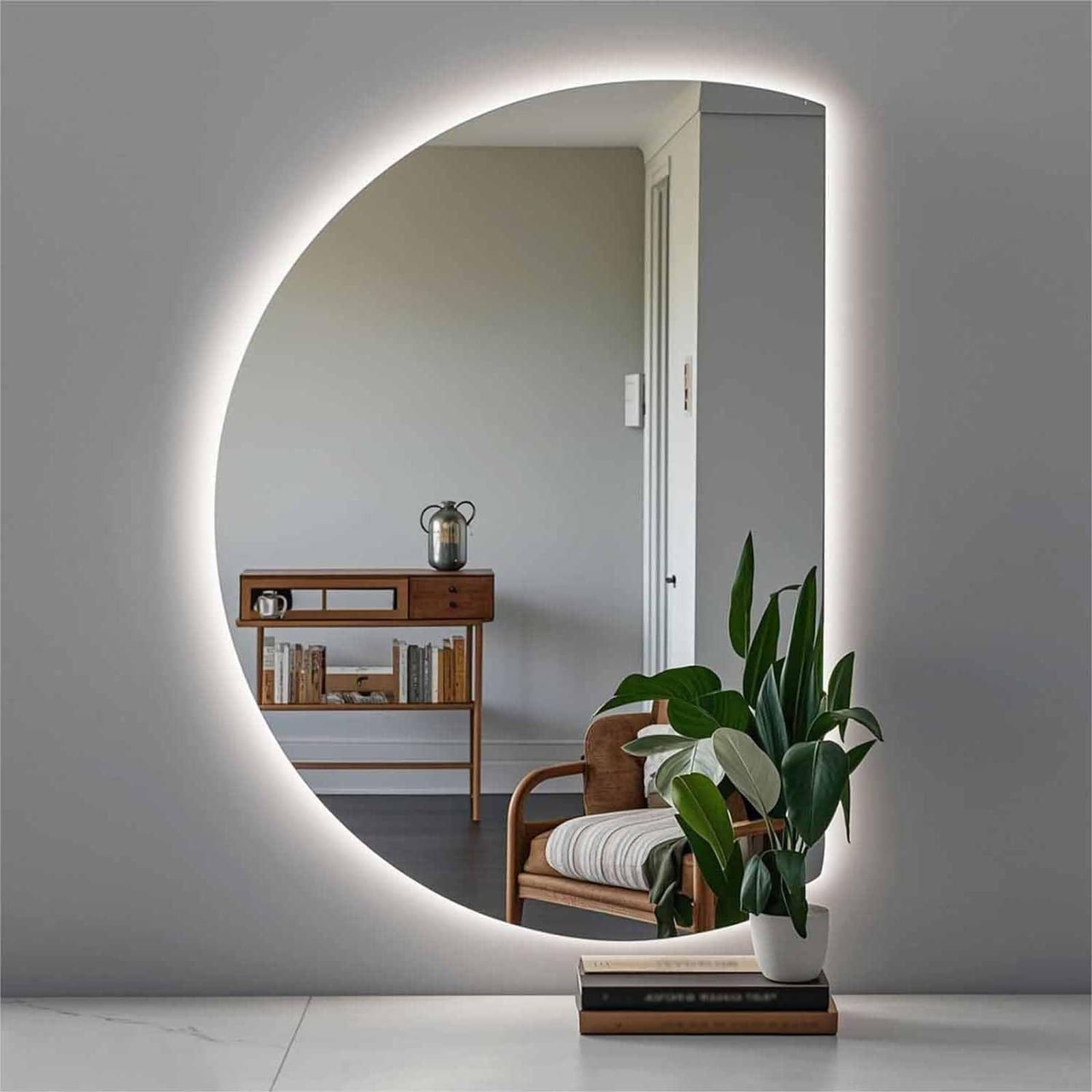 SXFSDOU Fogless Wall Mounted Semicircle Vanity Mirror 51/43inch Smart 3 Colors Backlit Dimmable Bathroom with Touch Switch for Home Decor(Right Cut,110x70cm/43x28)