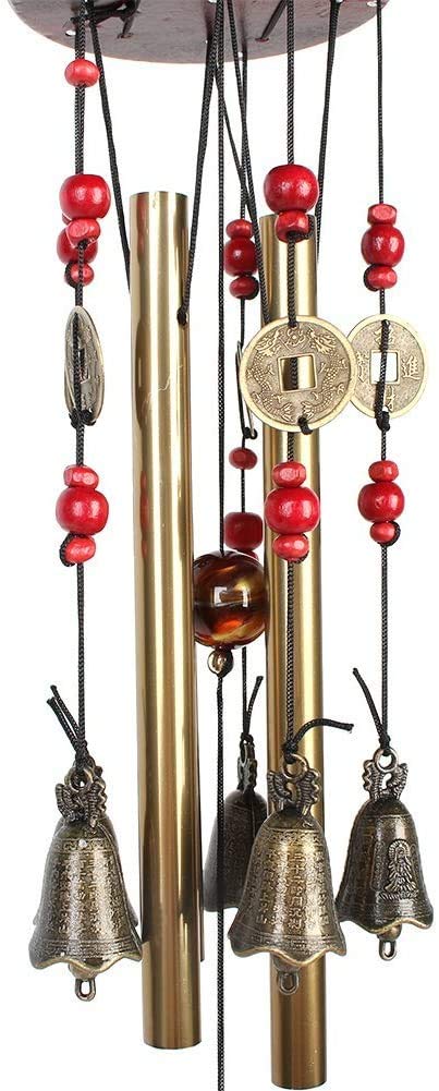 Chianrliu - Campanello a Vento, VI augura la prosperità: Incredibile Tradizionale Cinese, 4 Tubi in Bronzo, 5 Campane e Base in Legno, per Patio Esterno, Giardino e Decorazione Interna