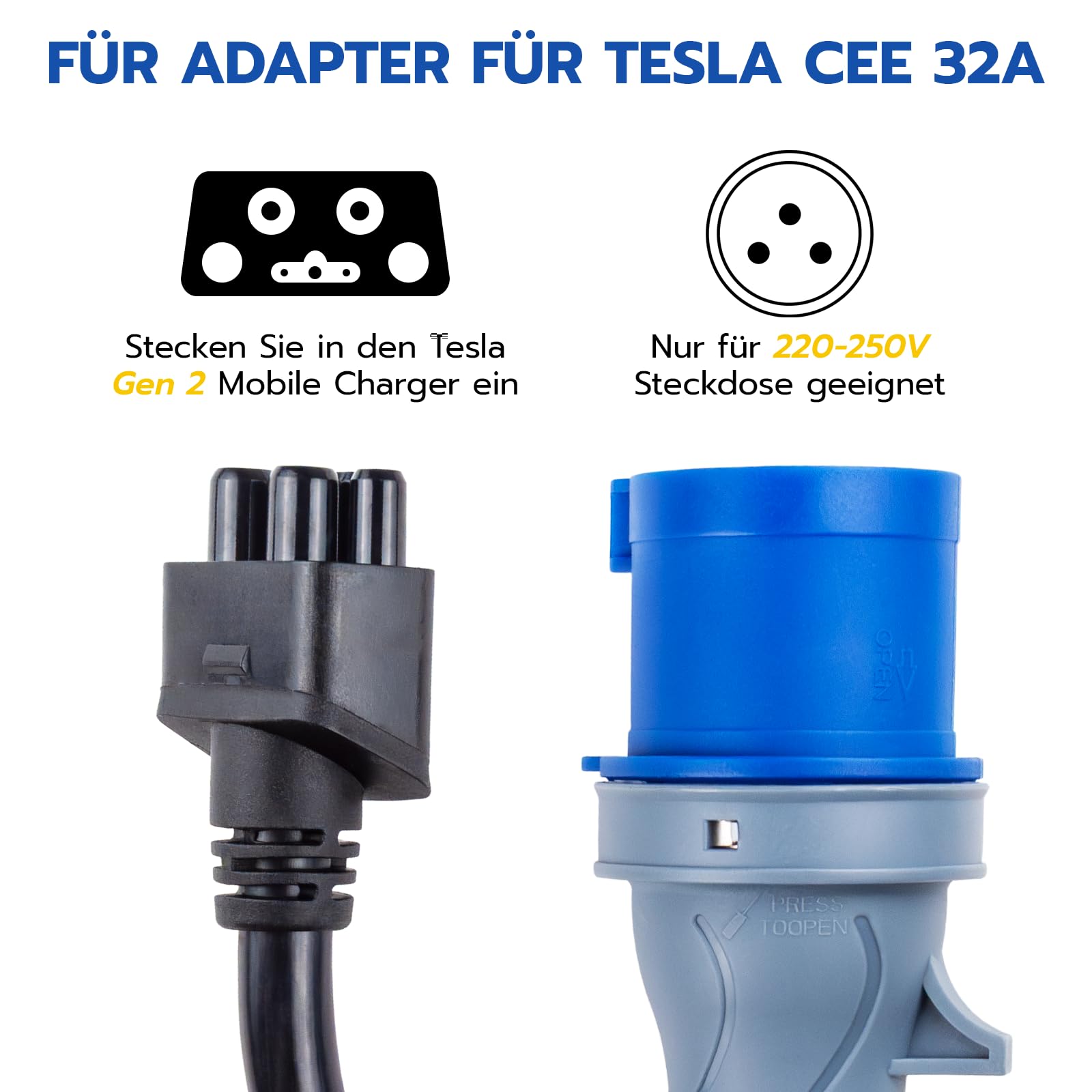 Tesla Adaptateur vers adaptateur CEE 3 broches 32 A, câble d'extension portable CEE 0,3 m, adaptateur Tesla Charger pour EV (3 broches 32 A)