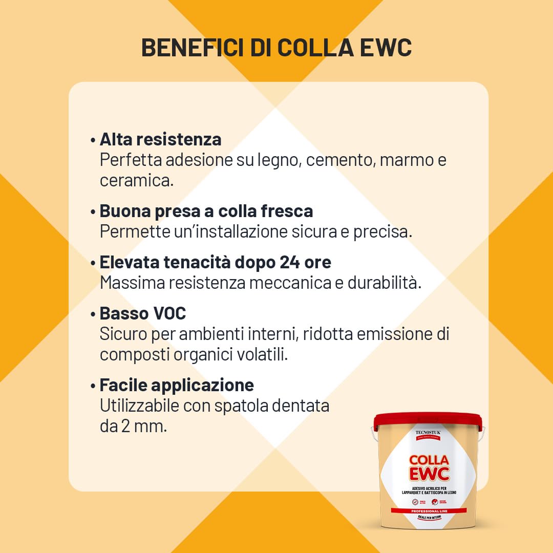 TECNOSTUK Colla EWC – Adesivo Acrilico per Lamparquet e Battiscopa in Legno | Alta Resistenza su Cemento, Marmo e Ceramica – Pronto All’Uso, Basso VOC (5 Kg)