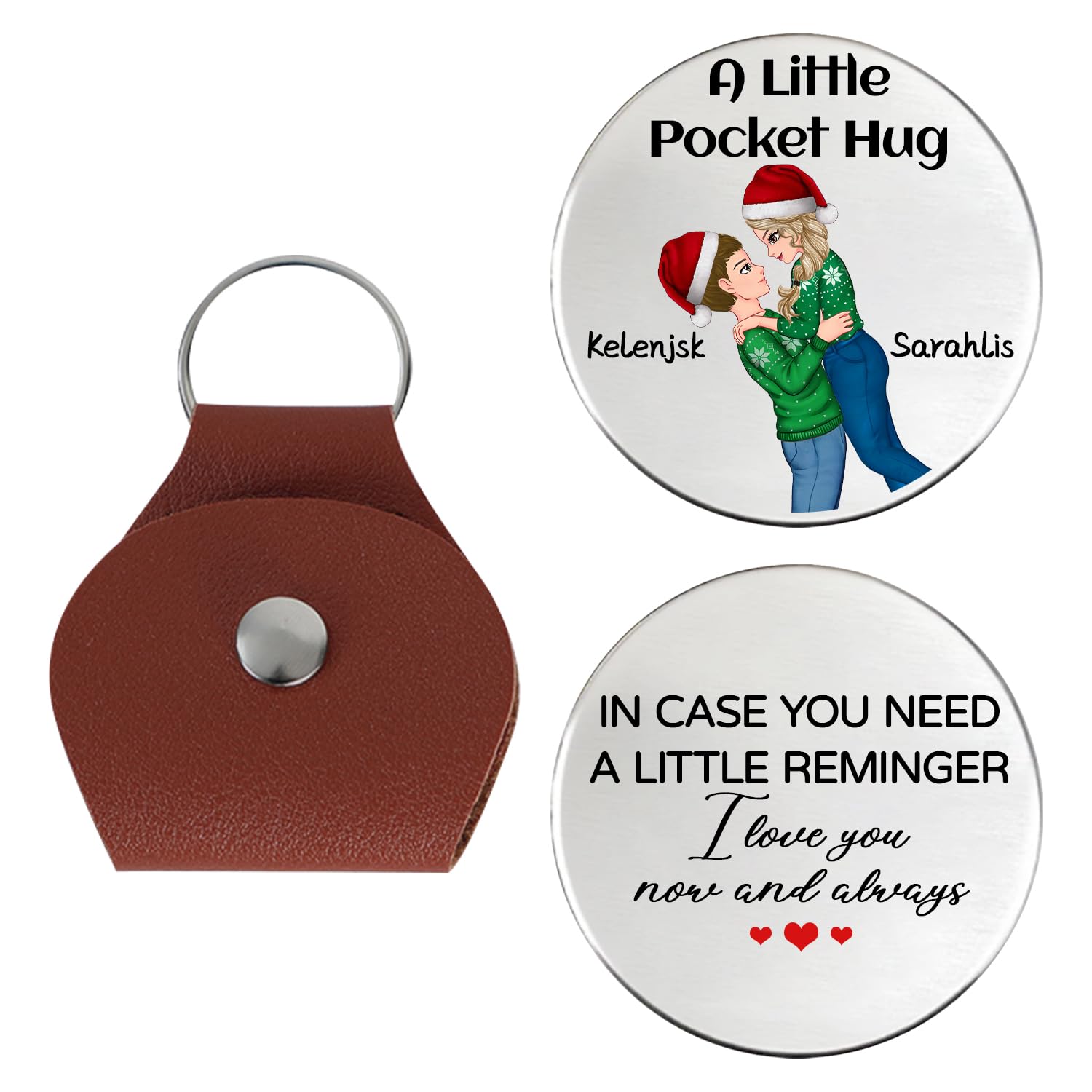 KKIIOEXX A Little Pocket Hug Keychain,Personalized Leather Pocket Hug Token Keychain,Custom Keychains with Portrait Name,Christmas Birthday Gifts for Boyfriend Girlfriend Husband Wife