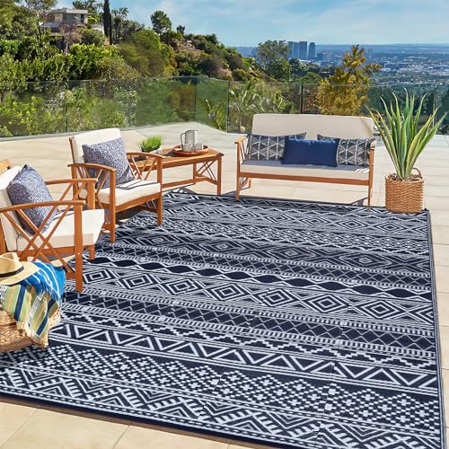 JOLENE.K 9x12 Rug Boho Patio Rug Modern Area Rug for Backyard, Deck, Picnic, Porch, Picnic, Beach, Trailer Camping RV Plastic Straw Rug Waterproof Reversible Rug Outdoor Rug Blue and White