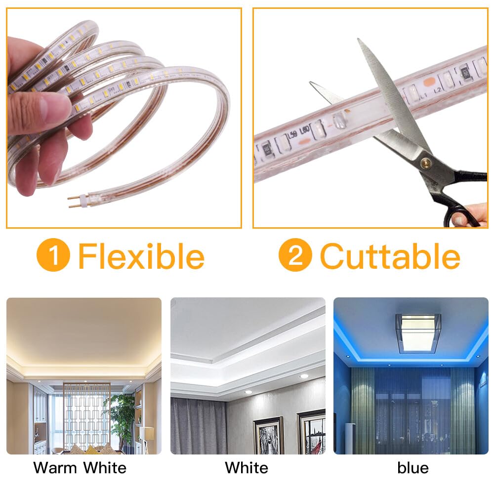 Tira LED Regulable 220V [10M, Blanco cálido 3000-3500K], flexible e impermeable IP65, SMD3014, 120 LEDs/m, CRI85+, recortable cada 1 metro, decoración para hogar y tienda