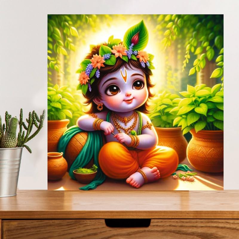 Image of British Terminal Cute little Bal Gopal Baby God Krishna| Kanha Ji | Laddu Lord Makhan Chor Painting Religious Poster for Pregnant Women for wall (matt thin vinyl,sticker,multicolor,unframed)| bj92