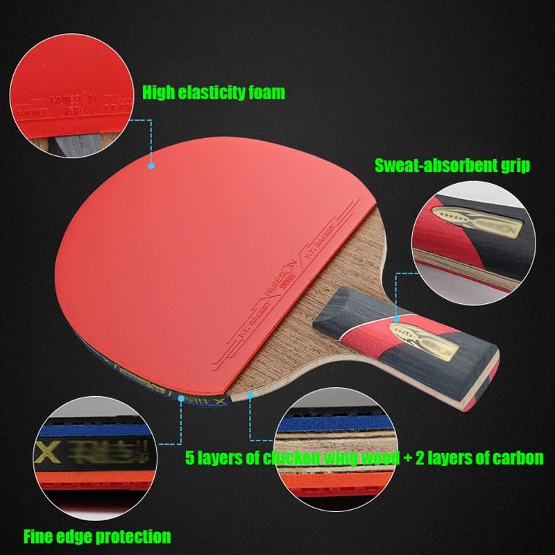 ZWJYNOUEU Ping Pong Paddle, Performance Table Tennis Paddle, Professional Table Tennis Racket with Carrying Case, 5 Wood + 2 Carbon Blade(Color:B)