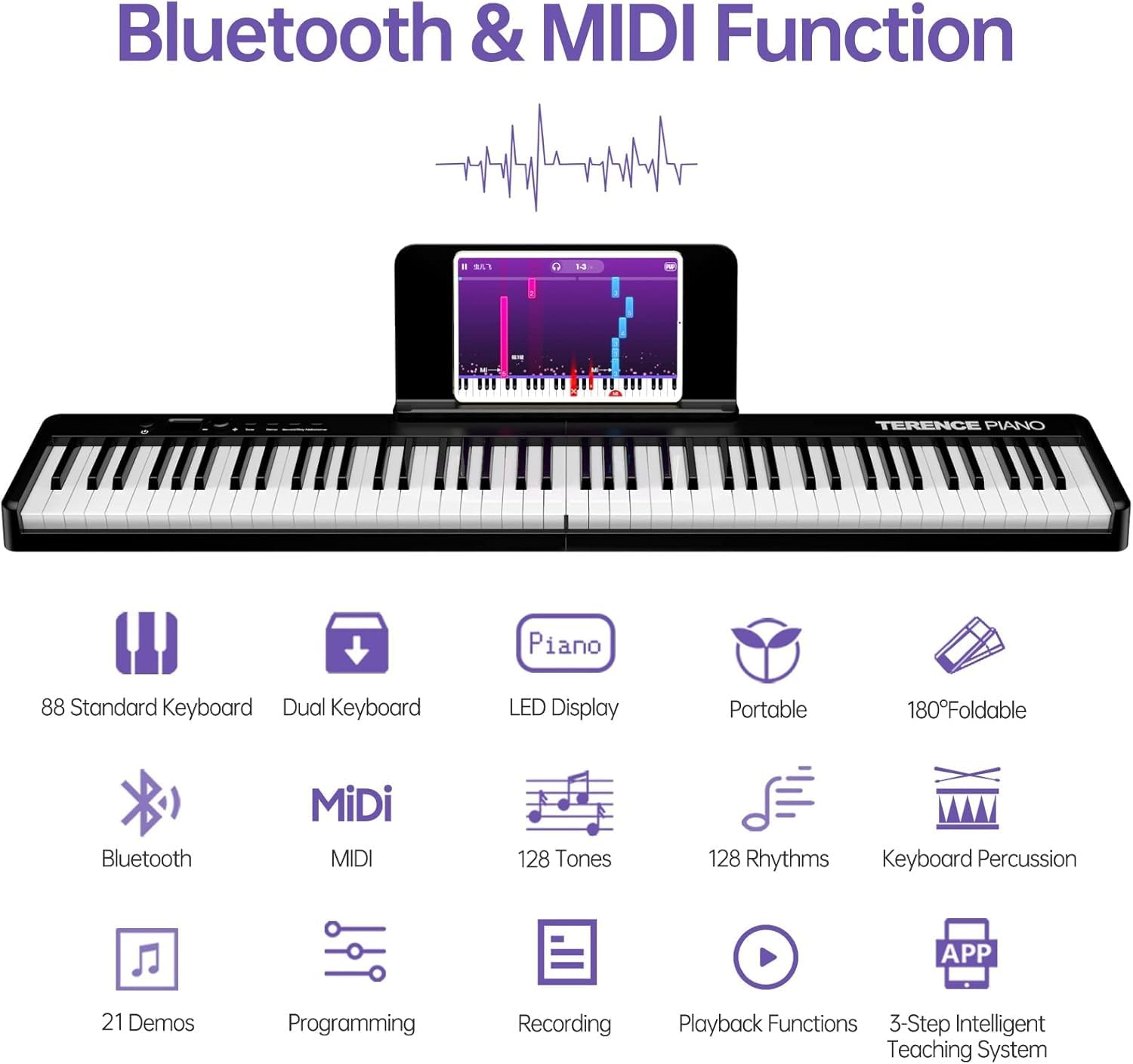 TERENCE Pieghevole Pianoforte Digitale con 88 Tasti semi-ponderati e Batteria da 1800mAh e interfaccia USB MIDI supporto spartiti Bluetooth Borse per Tastiera Cavo audio Cuffie Pedale Sustain nero