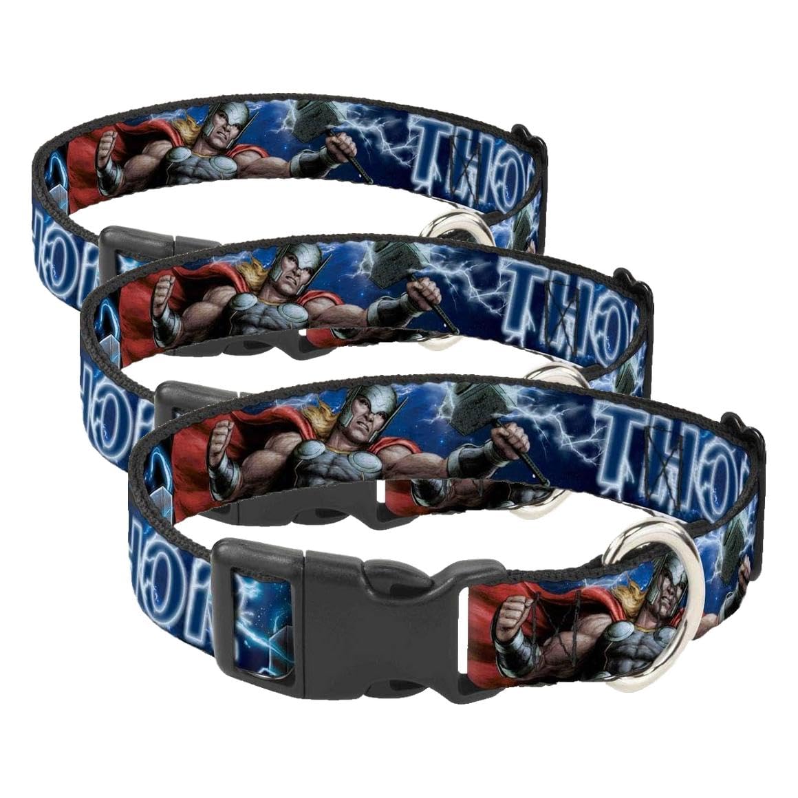 Marvel Comics Evcil Hayvan Yaka, Köpek Tasması Plastik Toka, Avengers Thor Hammer Aksiyon Poz Galaxy Blues Beyaz, 50 ila 70 cm Genişlik (3 paketi)