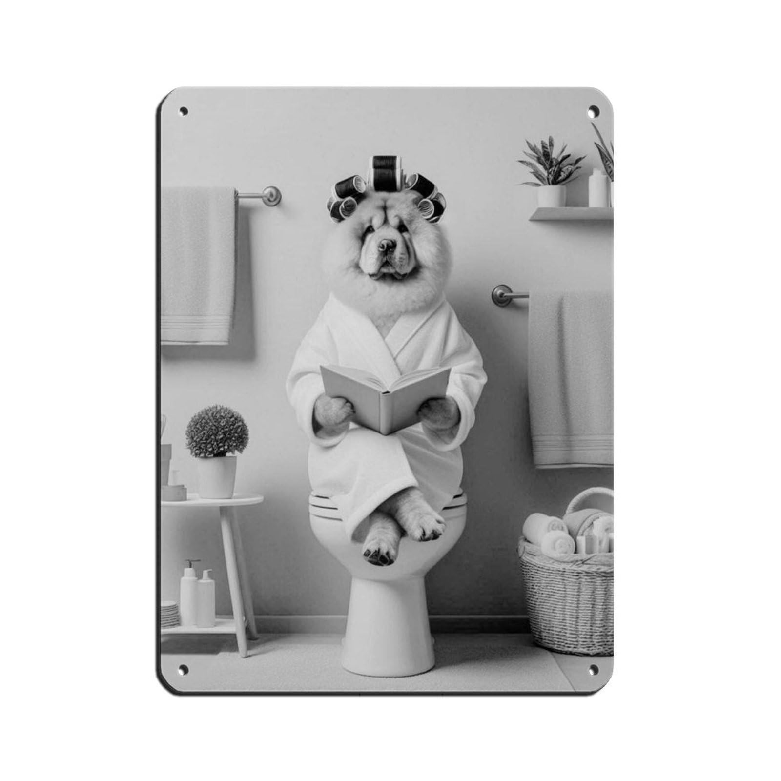 Chow Chow on Toilet Reading A Book Retro Poster Metal Tin Sign Chic Art Retro Iron Painting Bar People Cave Cafe Family Garage Poster Wall Decoration 12x16inch(30x40cm)