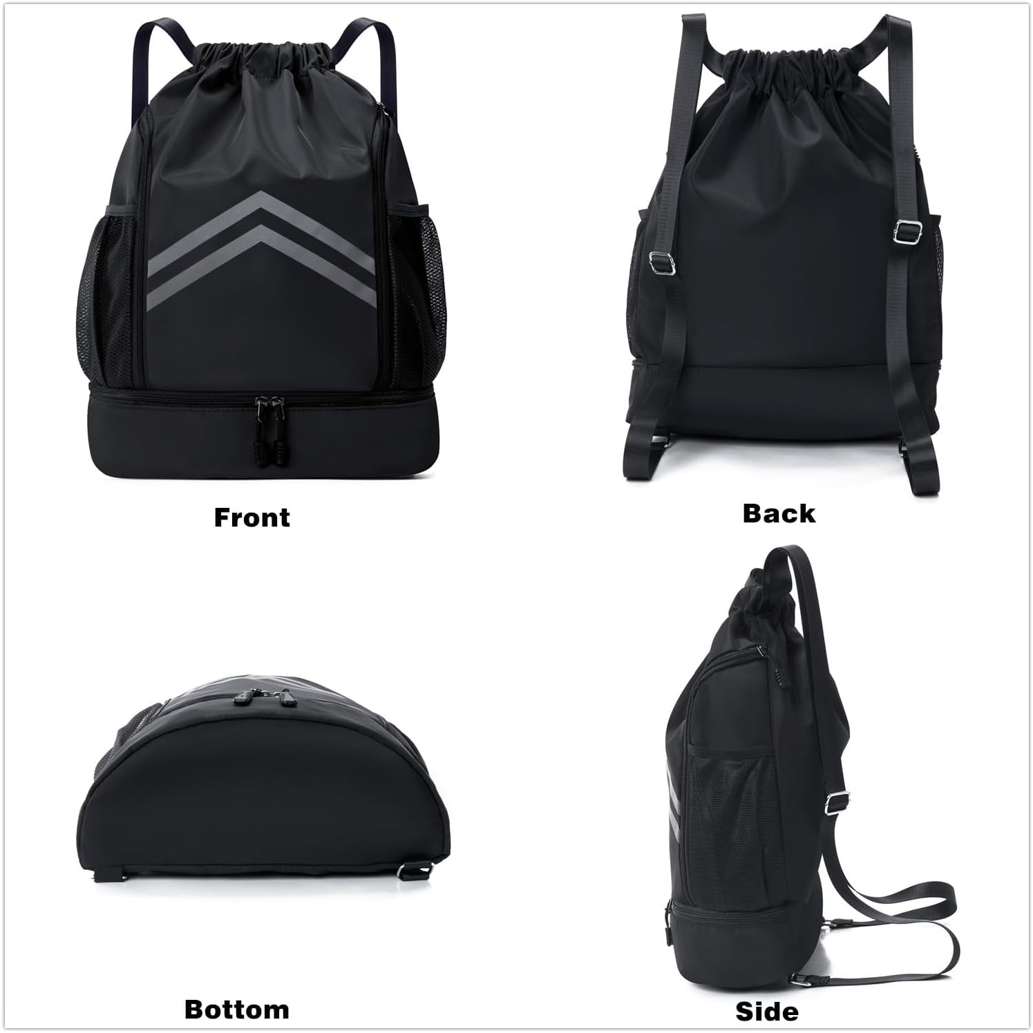 Sports Drawstring Backpack - Water Resistant Gym Bag with Shoes Compartment and Water Bottle Holder Pockets -Drawstring Bag String Cinch Bag for Gym, Travel, Swimming, Beach, Men Women (Black) - Image 5