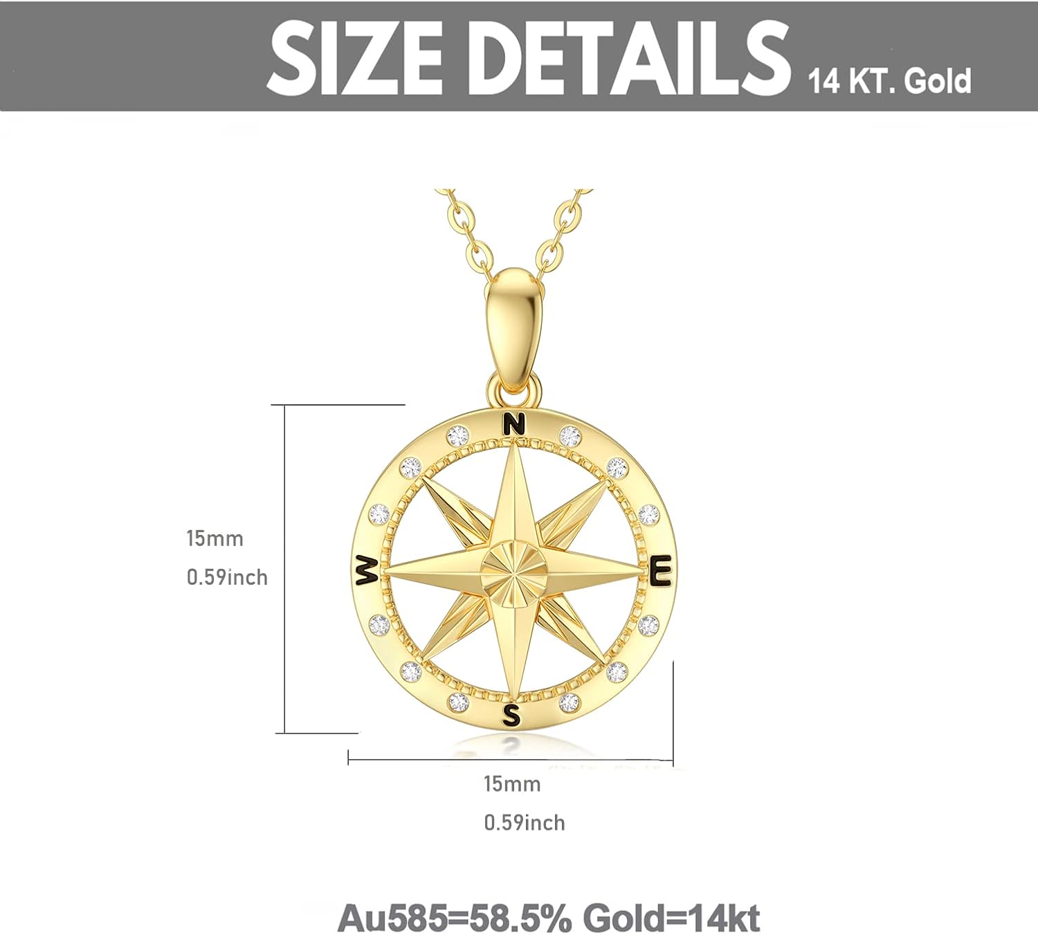 SISGEM 14K Real Gold Compass Necklace for Women,Yellow Gold Compass Pendant Necklace with Cubic Zirconia Jewelry Gifts for Birthday Christmas 16+1+1 inch - Image 4