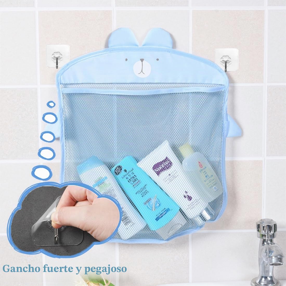 Organizador de Juguete para Baño - 2 Piezas con Bolsa de Almacenamiento, Soporte con Ventosa y 4 Ganchos Autoadhesivos para Niños. Práctico y Resistente Organizador.