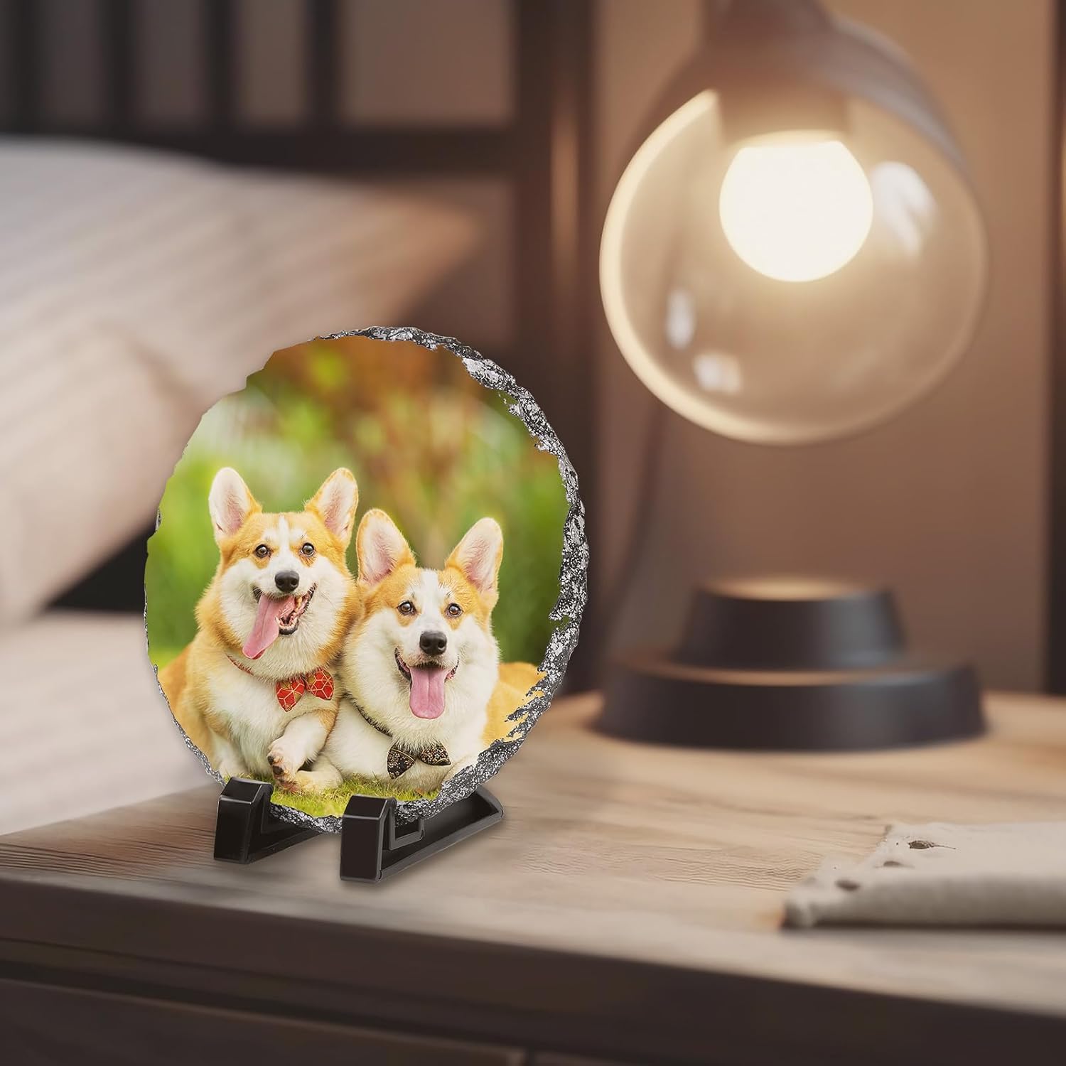 ORJ Sublimation Slate Blanks Custom Stone Slate Picture Frame Heat Transfer Rock Photo Plaque with Display Stand Decoration for Desktop Souvenir DIY Personalized Gift (round Slate * 40PCS)