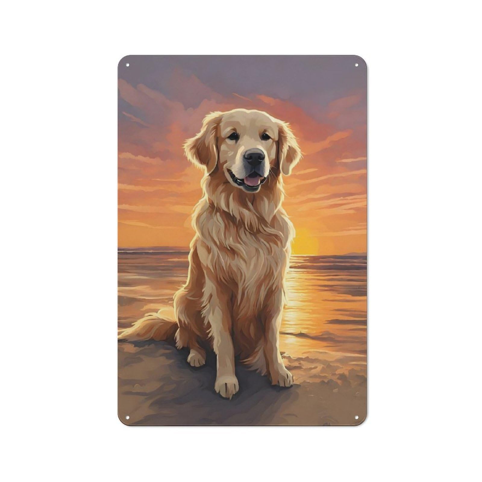 Junmoney Golden Retriever Sunset Vintage Metal Plaque 30X20cm Featuring For Garage Wall, For People Furnishing A Garage