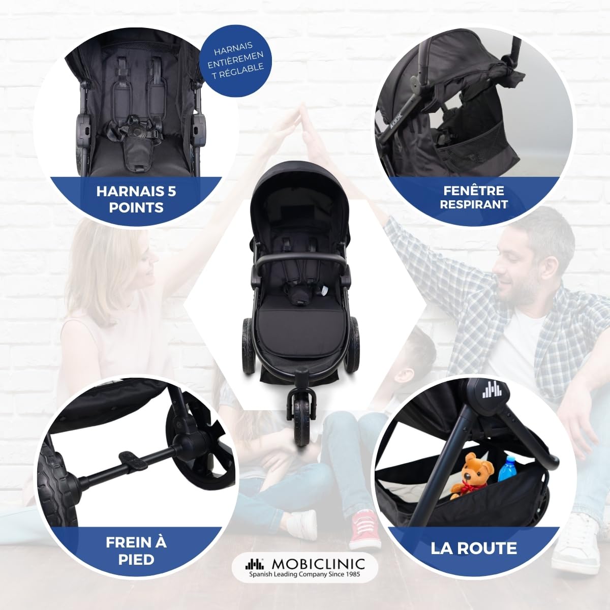 Mobiclinic® kids, Poussette 3 roues, Agnes, Tout-terrain, Guidon monobloc, Harnais 5 points, Poche arrière, Style sportif, Pliage d'une seule main, Panier xxl, Jusqu'à 22 kg