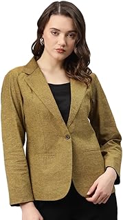 cottinfab Women Olive Green Woven Design Cotton Formal Single Breasted Blazer-picture-18