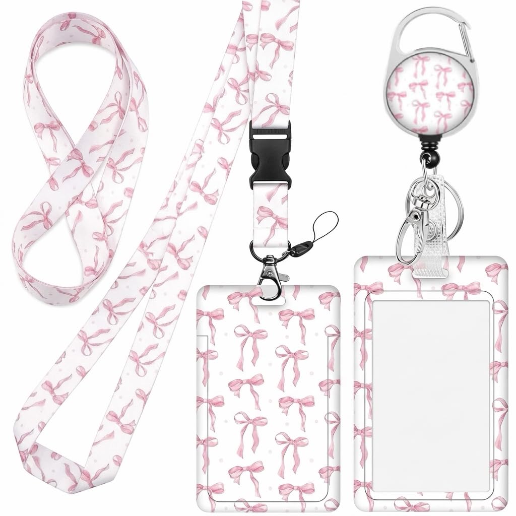 Bow-Patterned Lanyard with Card Holder Set, Sliding Badge Holder, Employee ID Card Lanyard Holder, Stylish Employee ID Card Protective Case for Staff, Students, Teachers and Nurses (Pink Bow)