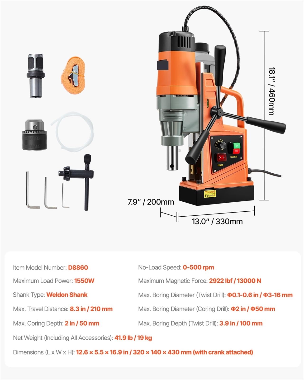 Taladro de columna Taladro eléctrico de 1300 W y 1400 W, 2 pulgadas, prensa de taladro magnético, diámetro de perforación, taladro eléctrico, liberación de 1 segundo.(1Drill 50mm 1550W)