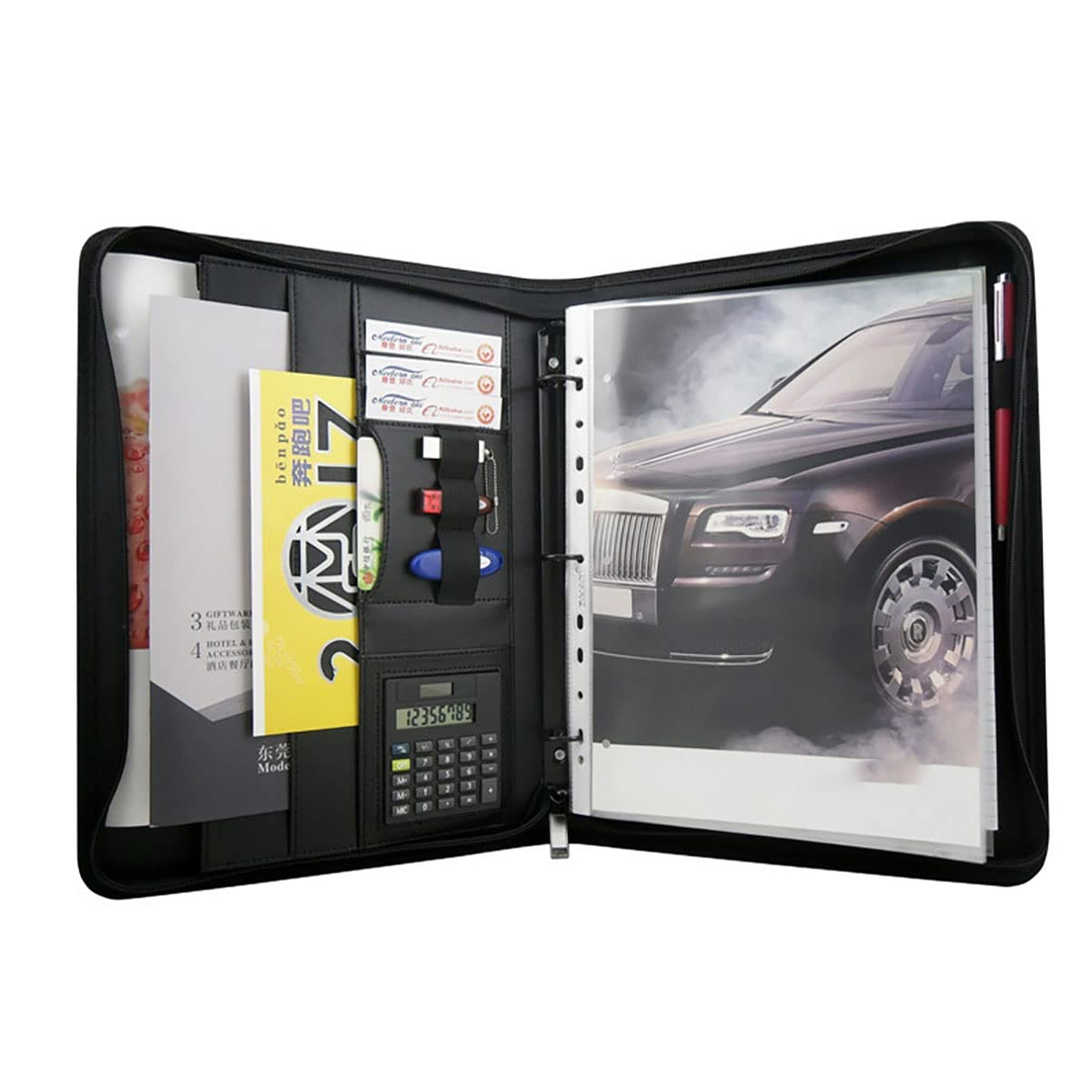 Zdejmujący się Ring Binder i Notepad, Teczka A4 ze skóry PU, zapinana na zamek, z 3 kółkami, organizerem, kieszeniami długopisy, w kolorze czarnym(Black B)