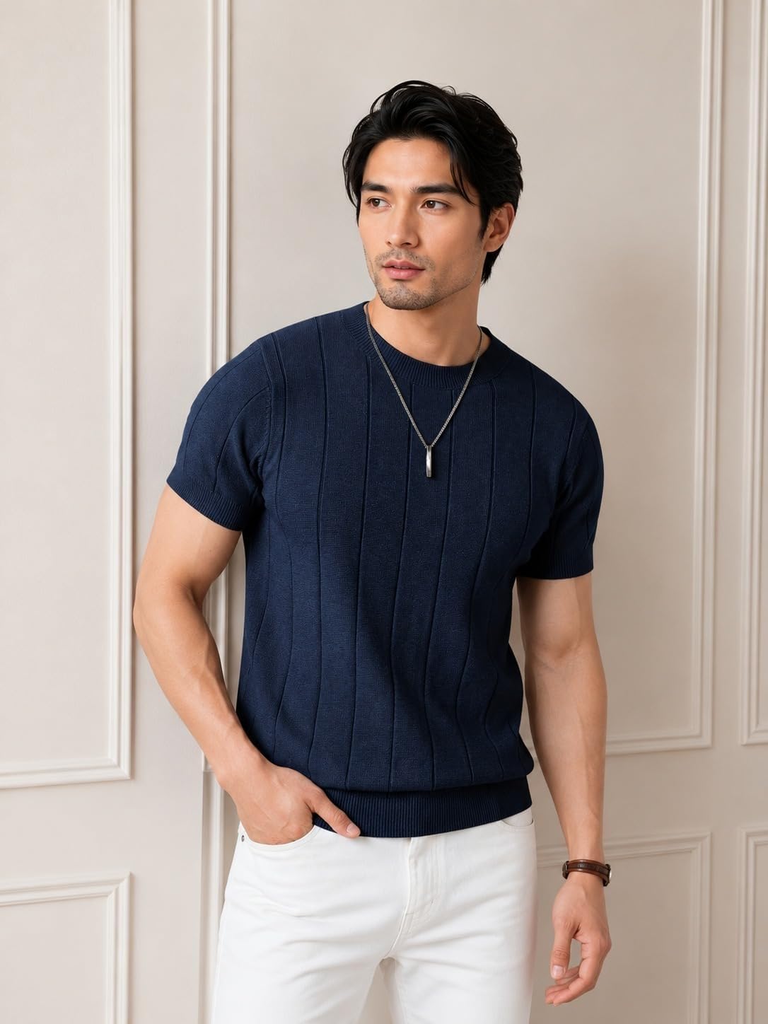 dbax Men's Beige Textured Knit T-Shirt | Premium Soft Knit Fabric | Round Neck | Short Sleeve | Regular Fit Casual Summer Sweater Tee for Men-picture-29