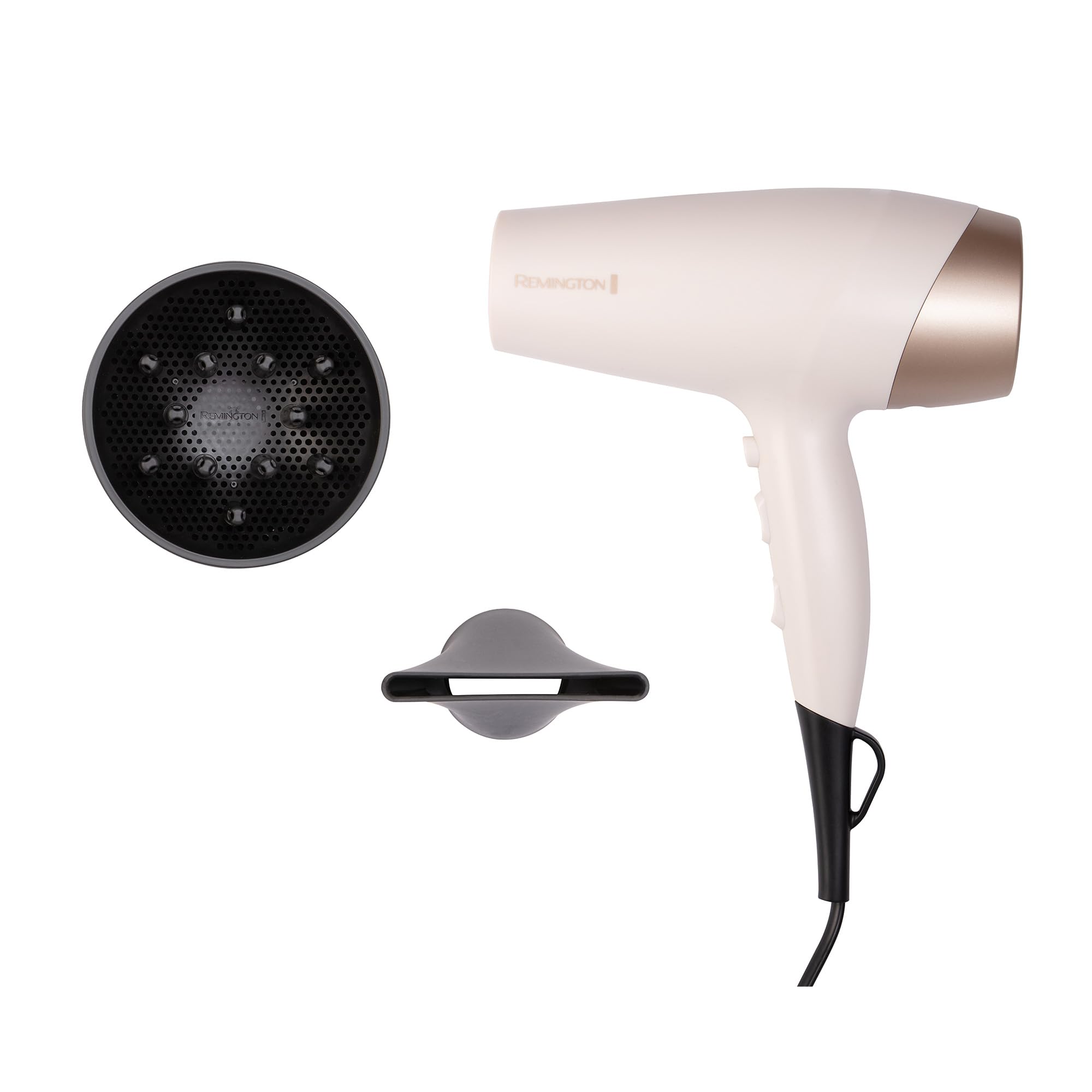 Remington Shea Soft Hair Dryer, D4740AU, Enriched with Shea Oil for Sleek, Smooth Hair, Ionic Technology, 3 Heat & 2 Speed Settings, White & Gold