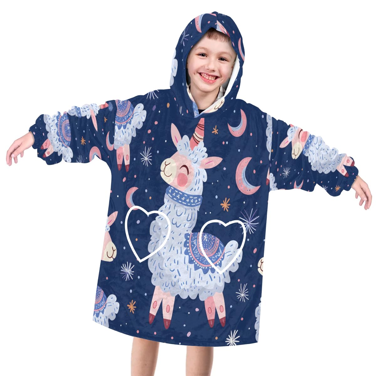 Wearable Blanket Hoodie for Kids, Cartoon Alpaca Fleece Sweatshirt Blanket Oversized Blanket Sweatshirt with Pocket Flannel Warm Hooded Blanket 6-10 Year Old Girl Boy Gift, One Size