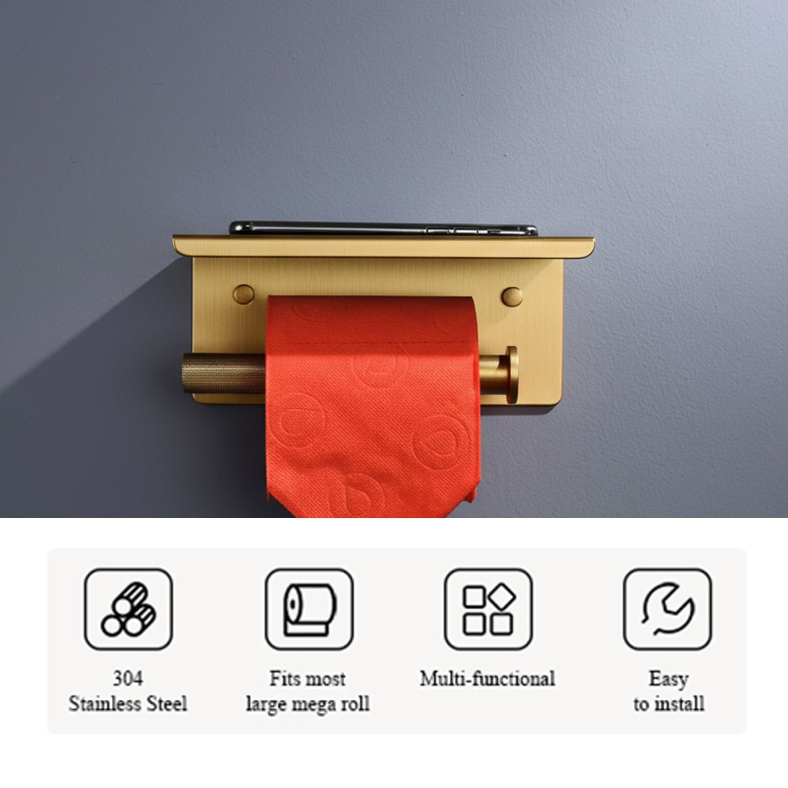 Uchwyt na papier toaletowy montowany na ścianie, uchwyt na papier łazienkowy z półką na telefon do łazienki i kuchni, stojak do przechowywania ze stali nierdzewnej, wodoodporny i odporny na rdz black