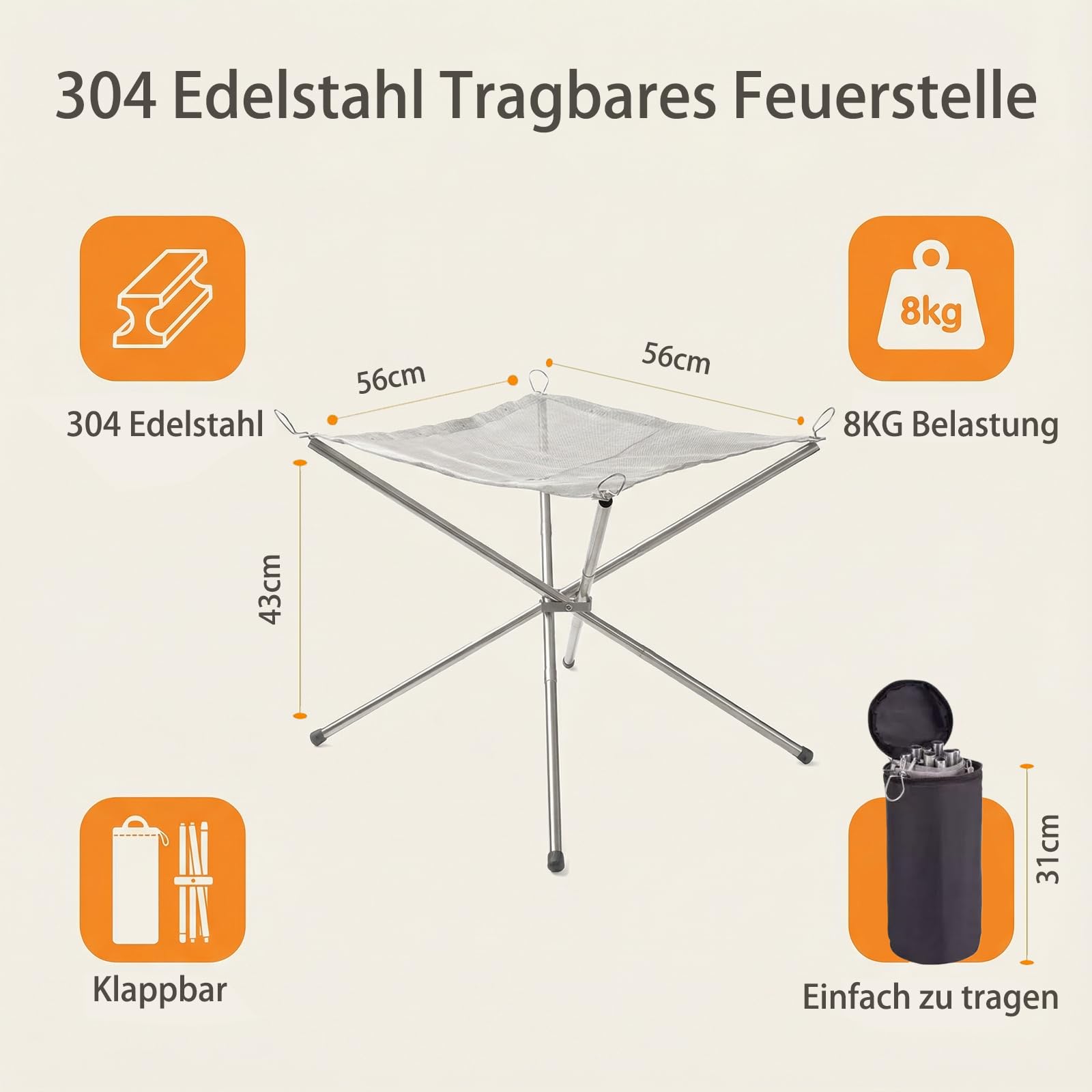 Edelstahl Feuerschale Faltbar Großformatig 56cm mit tragbarer Tragetasche,zusammenklappbare Feuerstelle aus 304er Edelstahlgewebe für Outdoor-Camping,BBQ,Garten,Terrasse und Hof Gadgets
