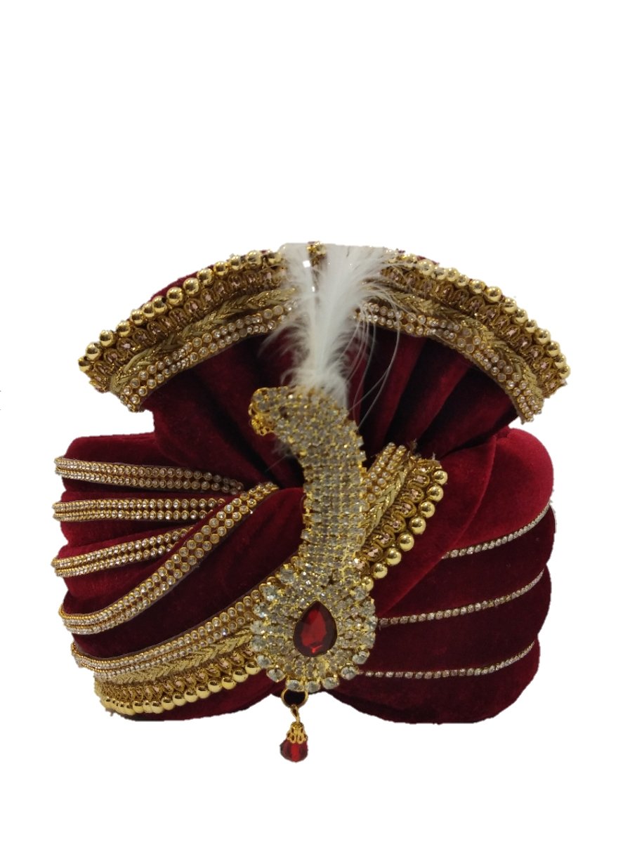 Fancy Groom Turban in Maroon Color Along with Golden Pearls and Stones Laces All Over it with Fancy Stones kalangi and Feathers