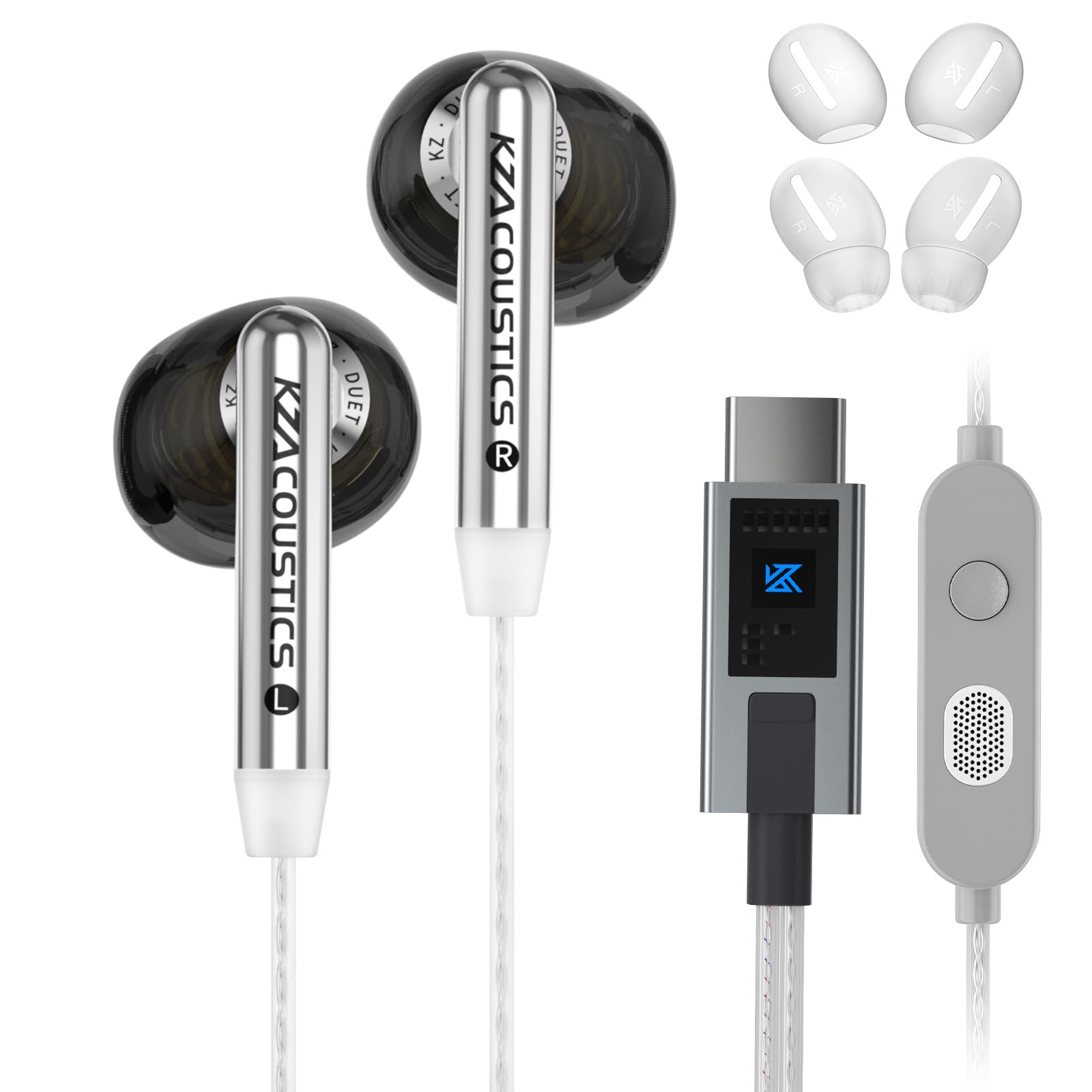 KZA COUSTICS KZ Duet - Auricolari in-ear, con doppio driver dinamico, per gaming, bassi HiFi, microfono con riduzione del rumore, cavo argentato, per PC, console, dispositivi mobili