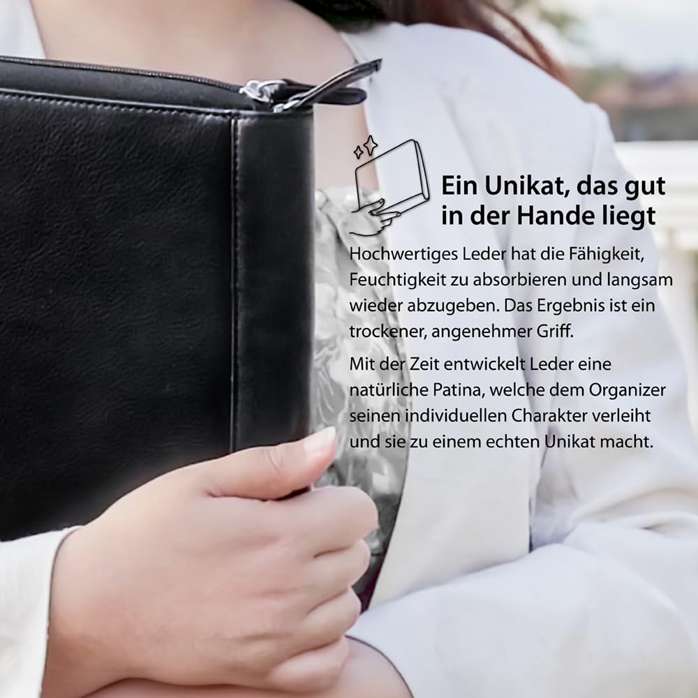 HANS/SON Business-Organizer – Edles Echt-Leder-Case mit 2 Fächern, Platz für A5 Block oder Tablet und wichtige Utensilien, ideal für unterwegs - schwarz, innen braun