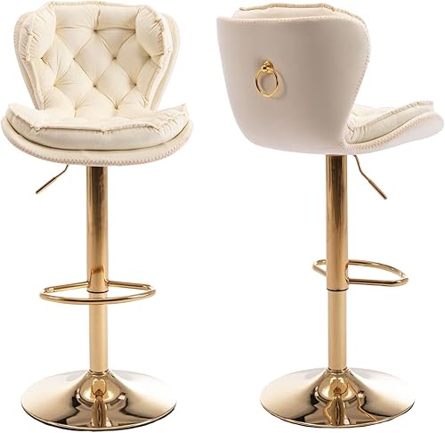 Juego de 2 taburetes de bar giratorios de terciopelo de 360, modernos taburetes giratorios de altura ajustable con respaldo y base de metal dorado