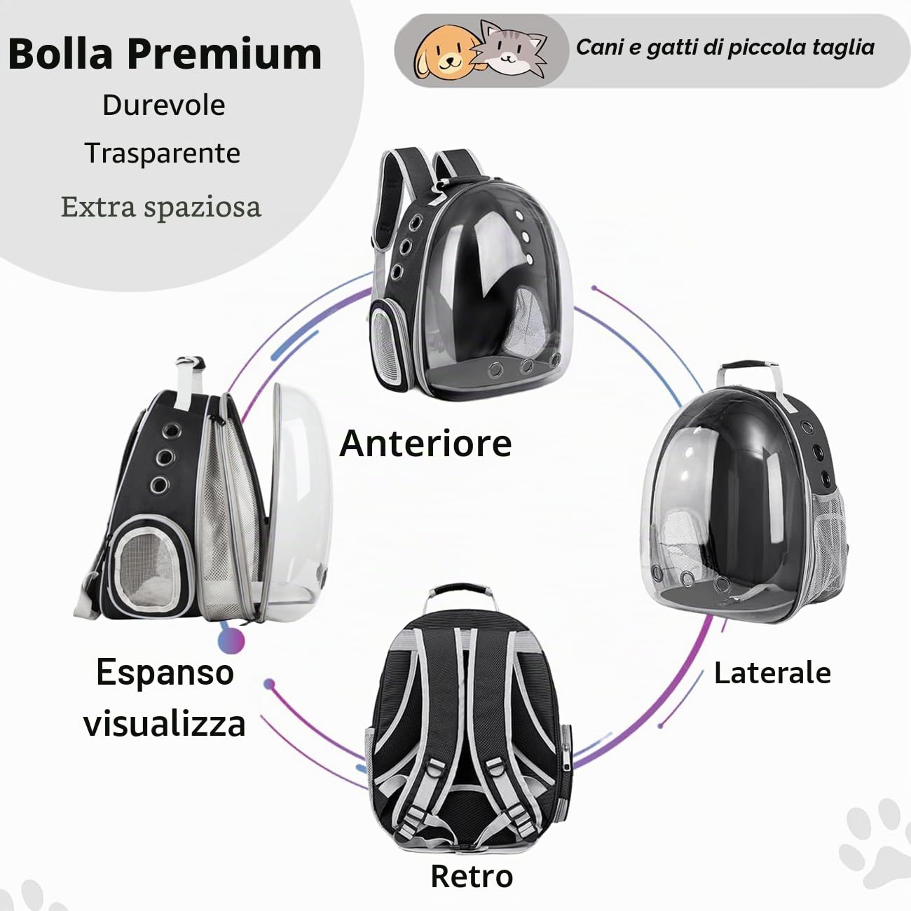 Zaino per Cani Gatti, Grande Porta Animali Espandibile, Zaino a capsula spaziale per animali domestici, con 9 ingressi Zaino Traspirante Porta Cuccioli Pieghevole (Nero, Fronte Espandi)
