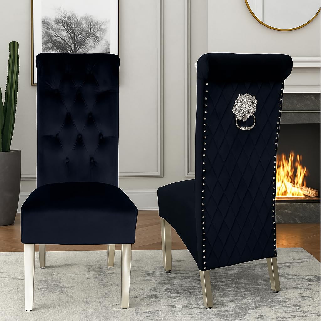ASR INTERIORS Dining Chair Set Of 2 Sofia Velvet Chairs With Lion Knocker High Back Chrome Leg Luxury Chairs For Home & Commercial Restaurants (Black), 64D x 46W x 110H cm
