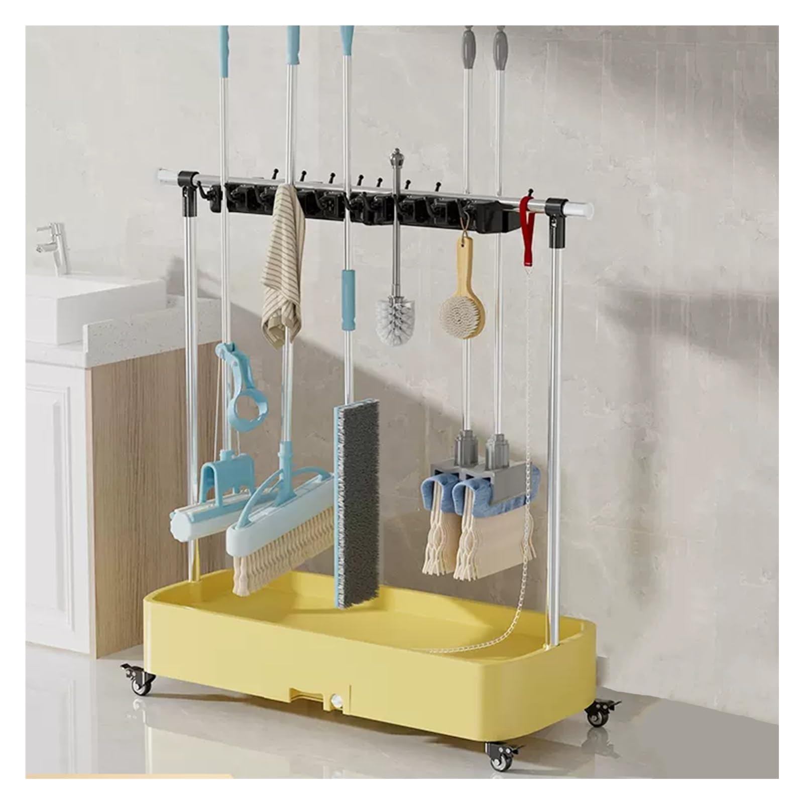 Carrello portascopio versatile – Carrello multiuso per la pulizia di scope e giardino Equint giallo 62 x 40 x 96 cm perfetto per la pulizia e la nizzazione del pavimento