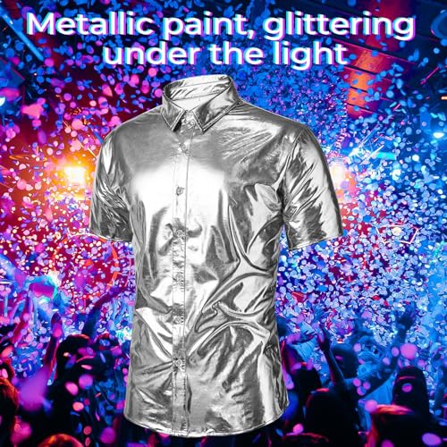 Image of Zando Men's Disco Shirt, Sequin Button-Down for 70s Parties & Halloween | 65% Cotton Blend with Soft-Touch Feel, Spotlight Sequin Look, 70s Disco Party Style, Halloween & New Year Costume Shirt
