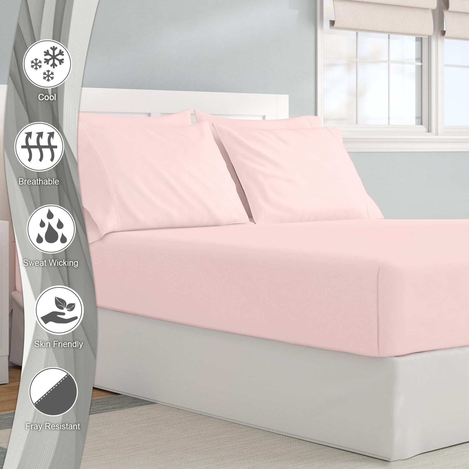 Pizuna Pure Combed Cotton Fitted Sheets Light Pink, 600 Thread Count 100% Long Staple Cotton Emperor Fitted Sheets 200x200cm - Image 2