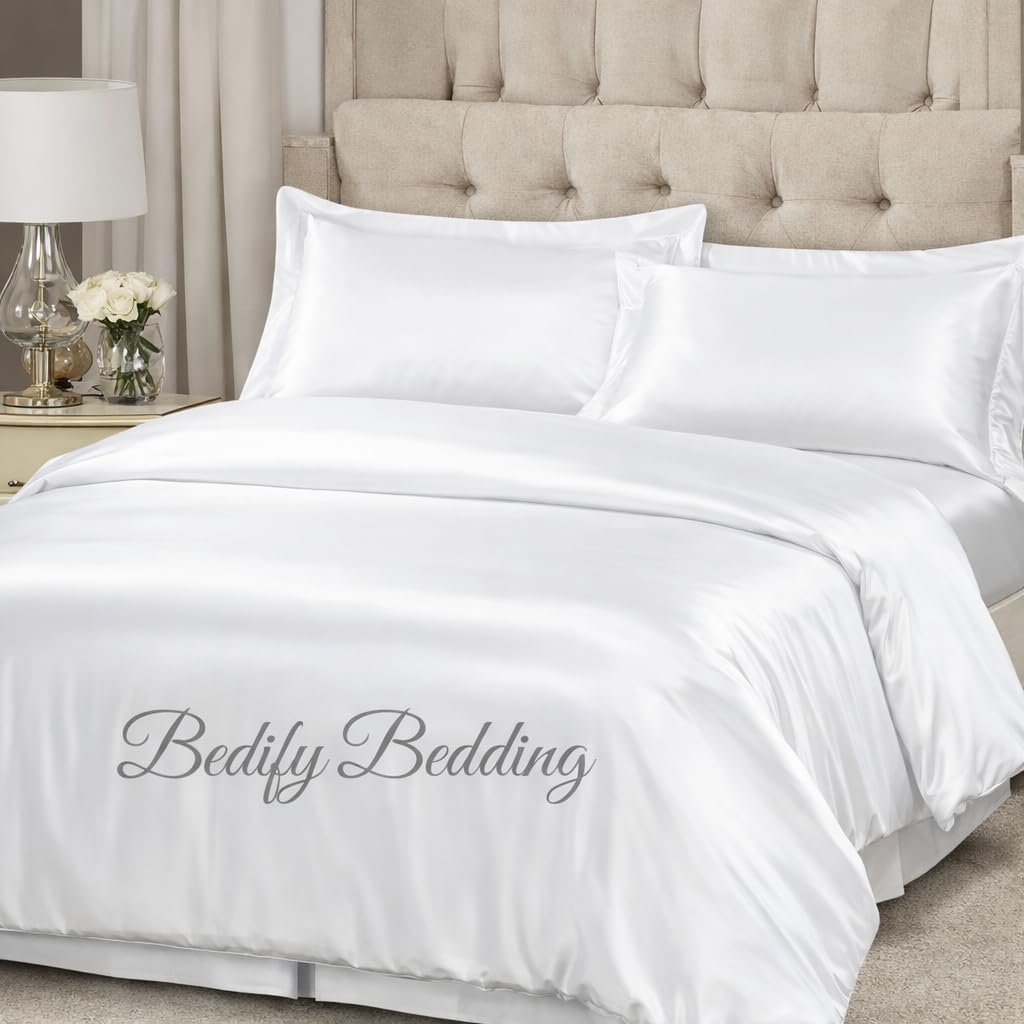 100% Silk Satin Duvet with Fitted Set 4 Pcs Silk Fitted Sheet 15" Deep Pocket Silk Duvet Cover Pillowcases Soft Silk Sheets|Wrinkle Free Fade Resistant (California Queen, Silver Gray)