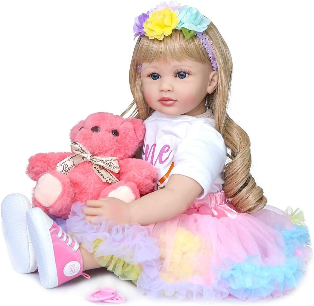 Lifelike Toddler Reborn Doll Silicone 24 Inch Realistic Reborn Baby Doll Girl Blonde Curly Hair Blue Eyes Soft Cloth Body for Girls Birthday Gift (Pink)