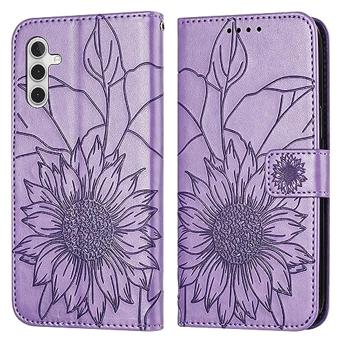 Étui portefeuille Samsung S24 fin avec porte-cartes et rabat en cuir violet motif floral