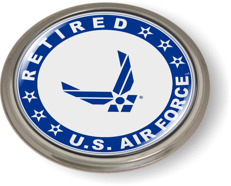 Image of US Air Force Retired - USAF Blue Arnold Wings CAR Emblem Aluminum Bezel | Official USAF and USSF Licensed Product, 3D Domed, U.S. Air Force Star Symbol Badge, Sticker, made by BestLicensePlateFrames