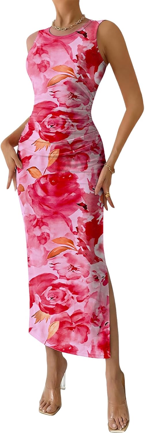 Trendy Queen Bodycon Maxi Dress Womens Sleeveless Floral Print Fitted Party Club Ruched Dresses with Side Slit